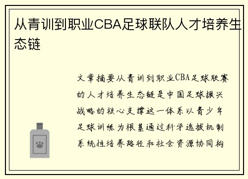从青训到职业CBA足球联队人才培养生态链