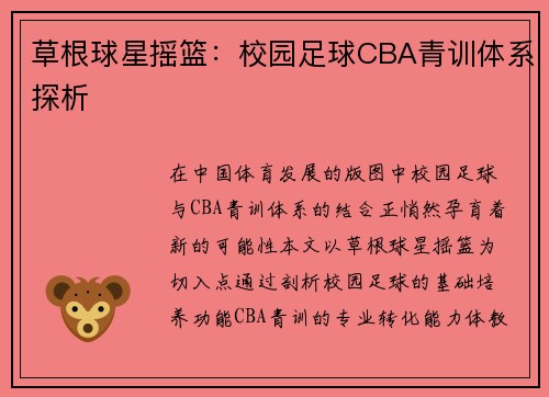 草根球星摇篮：校园足球CBA青训体系探析