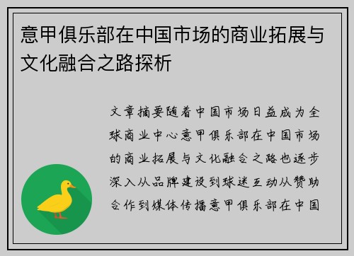 意甲俱乐部在中国市场的商业拓展与文化融合之路探析