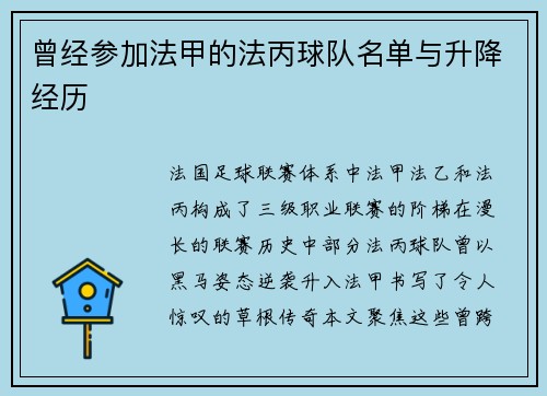 曾经参加法甲的法丙球队名单与升降经历