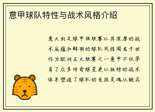 意甲球队特性与战术风格介绍