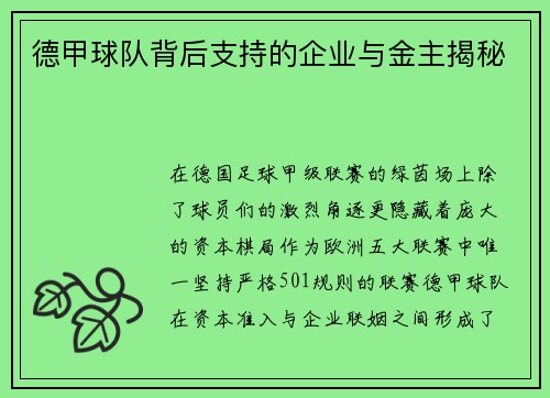德甲球队背后支持的企业与金主揭秘